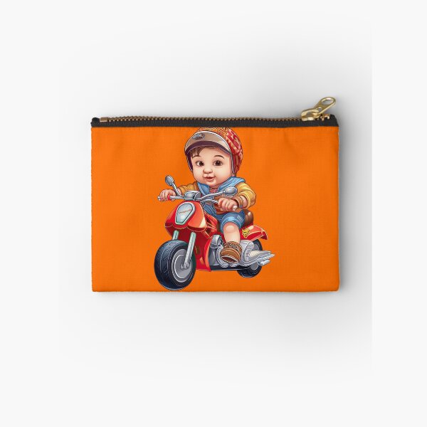 Item preview, A Brown haired baby Riding a toy Motorcycle (orange background) designed and sold by TheTrendsDesk.