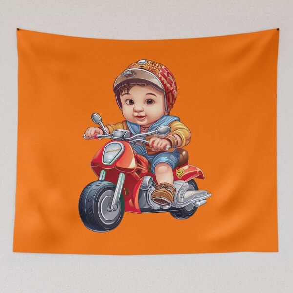 Item preview, A Brown haired baby Riding a toy Motorcycle (orange background) designed and sold by TheTrendsDesk.
