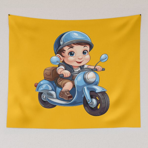 Item preview, A Baby Boy Riding a Blue Toy Motorcycle (yellow background) designed and sold by TheTrendsDesk.