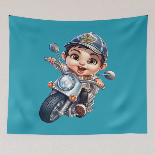 Item preview, A baby Riding a Silver Toy Motorcycle (blue background) designed and sold by TheTrendsDesk.