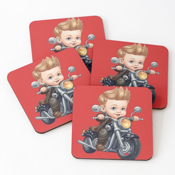 Item preview, A baby Riding a Black Toy Motorcycle (red background) designed and sold by TheTrendsDesk.