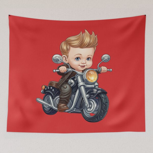 Item preview, A baby Riding a Black Toy Motorcycle (red background) designed and sold by TheTrendsDesk.