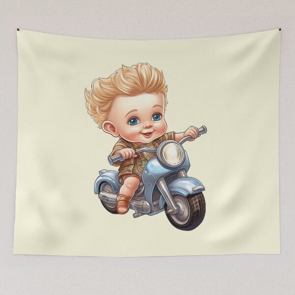 Item preview,  A baby Riding a Silver Toy Motorcycle (off white like background) designed and sold by TheTrendsDesk.