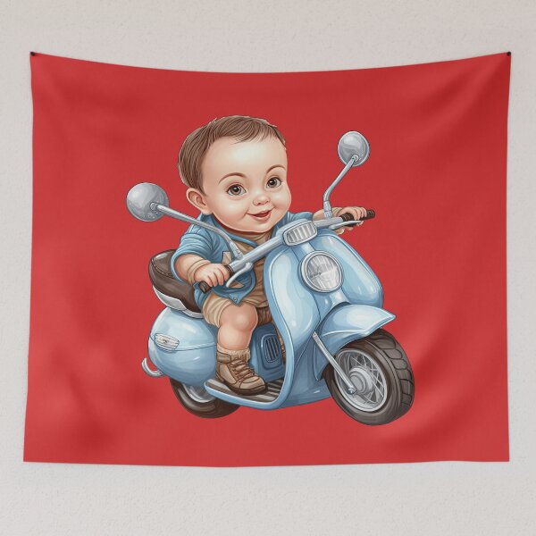 Item preview, A baby Riding a Black Toy Motorcycle (red background) designed and sold by TheTrendsDesk.