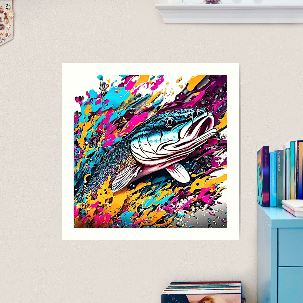 The artwork showcases a vivid color splash of a snakehead fish