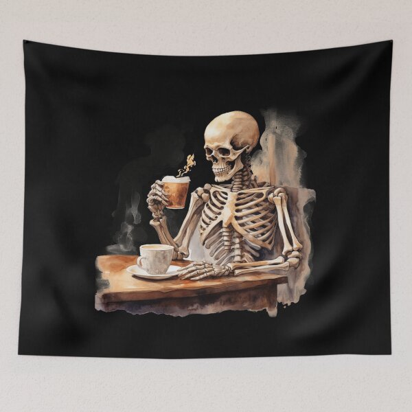 Item preview, Halloween Skeleton Drinking Coffee Watercolor Style designed and sold by AnnaMDesign.