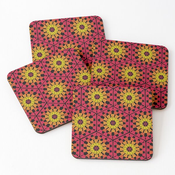 Item preview, Crochet Granny Hexagon Retro Pattern in Autumnal Red with Black Background  designed and sold by Aureusglow.
