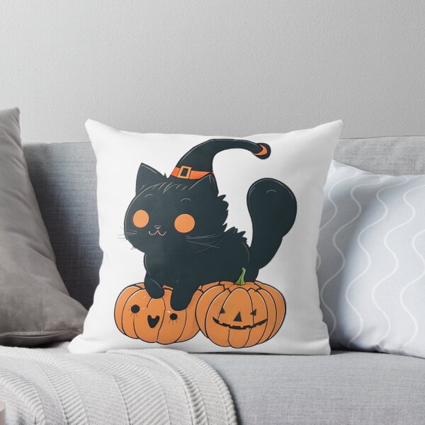 Item preview, A Black Cat ware a Witch hat jumps on pumpkins designed and sold by bosilvercat.