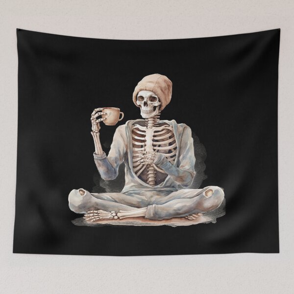 Item preview, Halloween Skeleton Drinking Coffee Yoga Pose Watercolor Style designed and sold by AnnaMDesign.
