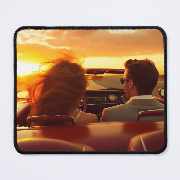 Item preview, Happy young couple in convertible car driving around at sunset designed and sold by WallWhimsyWorks.