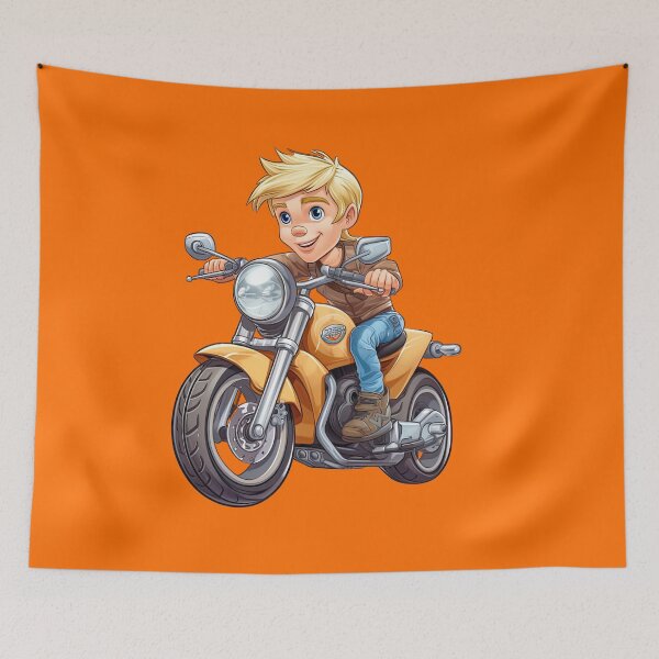 Item preview, Young Teenage Boy Riding a Gold Motorcycle 1 (orange background) designed and sold by TheTrendsDesk.