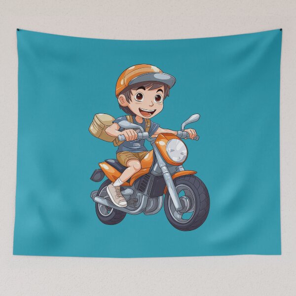 Item preview, Teenage Boy Riding a Gold Motorcycle 2 (blue background) designed and sold by TheTrendsDesk.