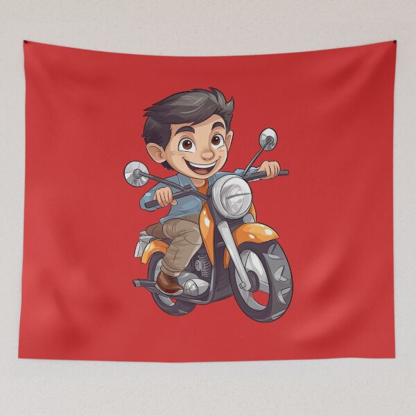 Item preview, A Boy Riding an Orange Motorcycle (red background) designed and sold by TheTrendsDesk.