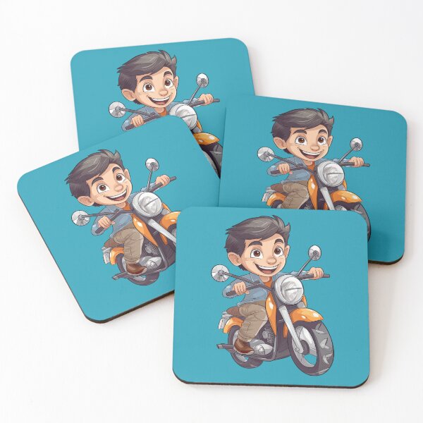 Item preview, Teenage Boy Riding an Orange Motorcycle (blue background) designed and sold by TheTrendsDesk.