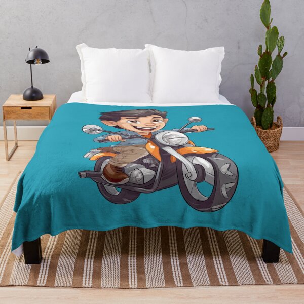 Item preview, Teenage Boy Riding an Orange Motorcycle (blue background) designed and sold by TheTrendsDesk.