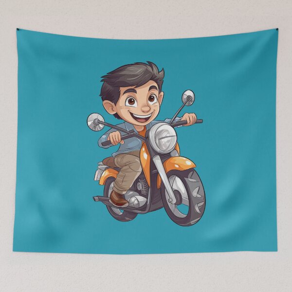 Item preview, Teenage Boy Riding an Orange Motorcycle (blue background) designed and sold by TheTrendsDesk.