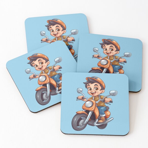 Item preview, Teenage Boy Riding an Orange Motorcycle (light blue background) designed and sold by TheTrendsDesk.