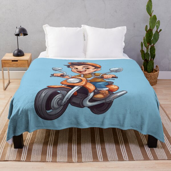 Item preview, Teenage Boy Riding an Orange Motorcycle (light blue background) designed and sold by TheTrendsDesk.
