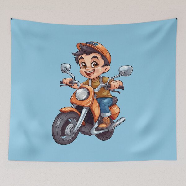 Item preview, Teenage Boy Riding an Orange Motorcycle (light blue background) designed and sold by TheTrendsDesk.