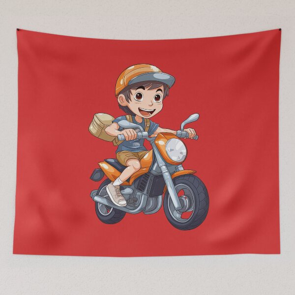 Item preview, Teenage Boy Riding an Orange Motorcycle (red background) designed and sold by TheTrendsDesk.