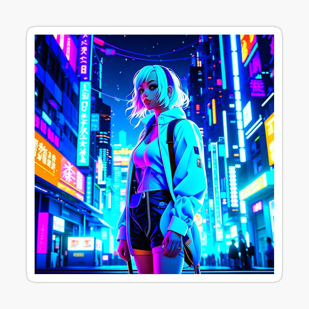 anime cyberpunk girl wearing futuristic outfit in a neon city at