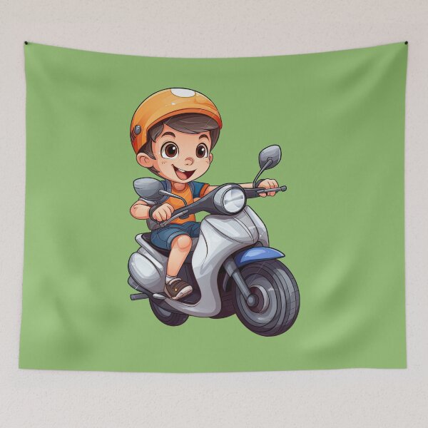 Item preview, Young Teenage Boy Riding a Silver Motorcycle (green background) designed and sold by TheTrendsDesk.