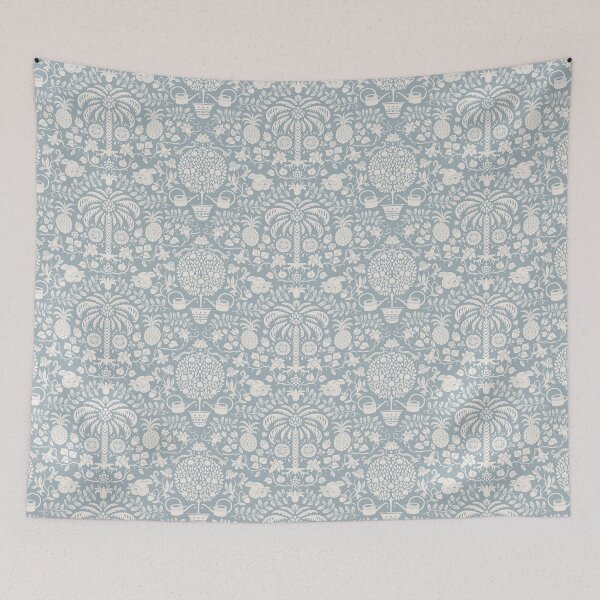Item preview, orange tree and palm garden damask blush on dusty blue | repeat pattern designed and sold by colorofmagic.