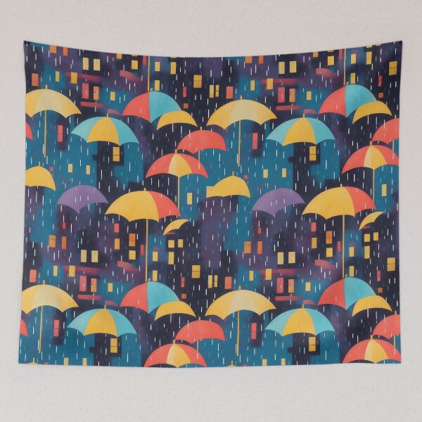 Item preview, Cityscape in rainy evening, colorful umbrellas designed and sold by CoolPixels.