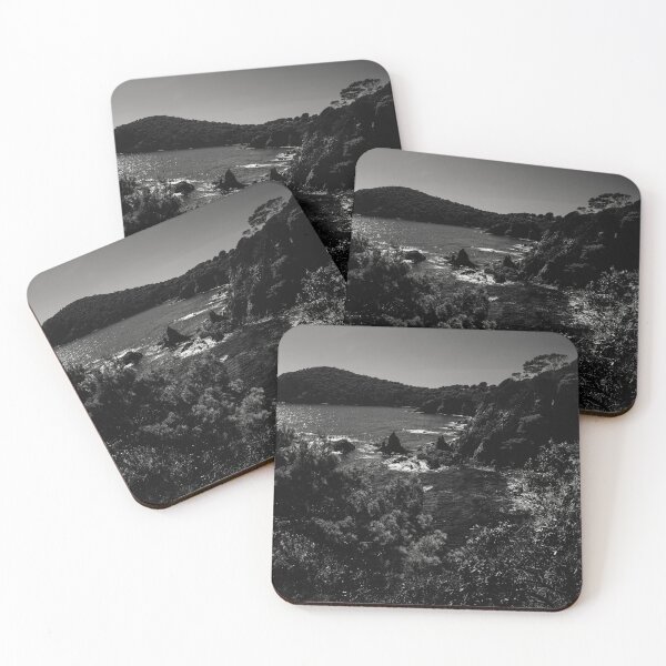 Item preview, Coastal Beauty: Majestic Mountains, Clear Skies, and Tranquil Waters in black and white designed and sold by FotoMahieu.
