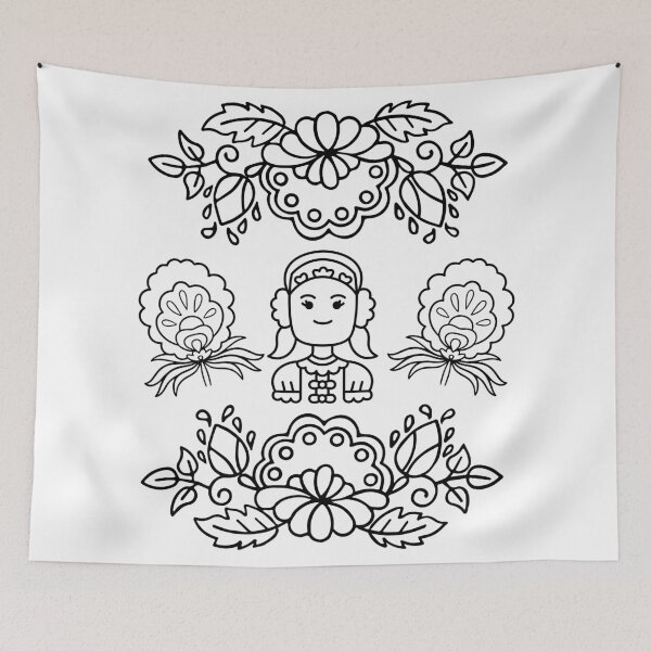 Item preview, Kalocsai folk art black flowers with hungarian woman designed and sold by Kormix.