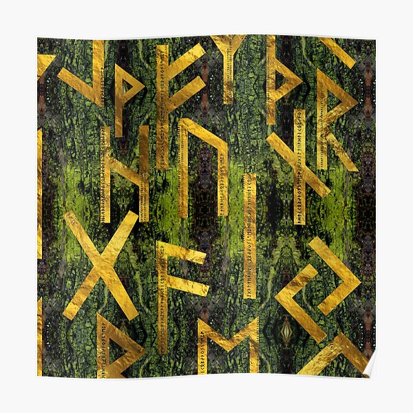 Vintage Gold Runic alphabet on tree bark Poster