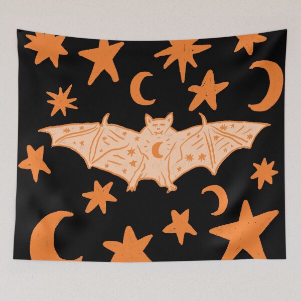 Item preview, Witchy Bat with Stars and Moons, Halloween Orange over Black designed and sold by Daydreamer Alley.