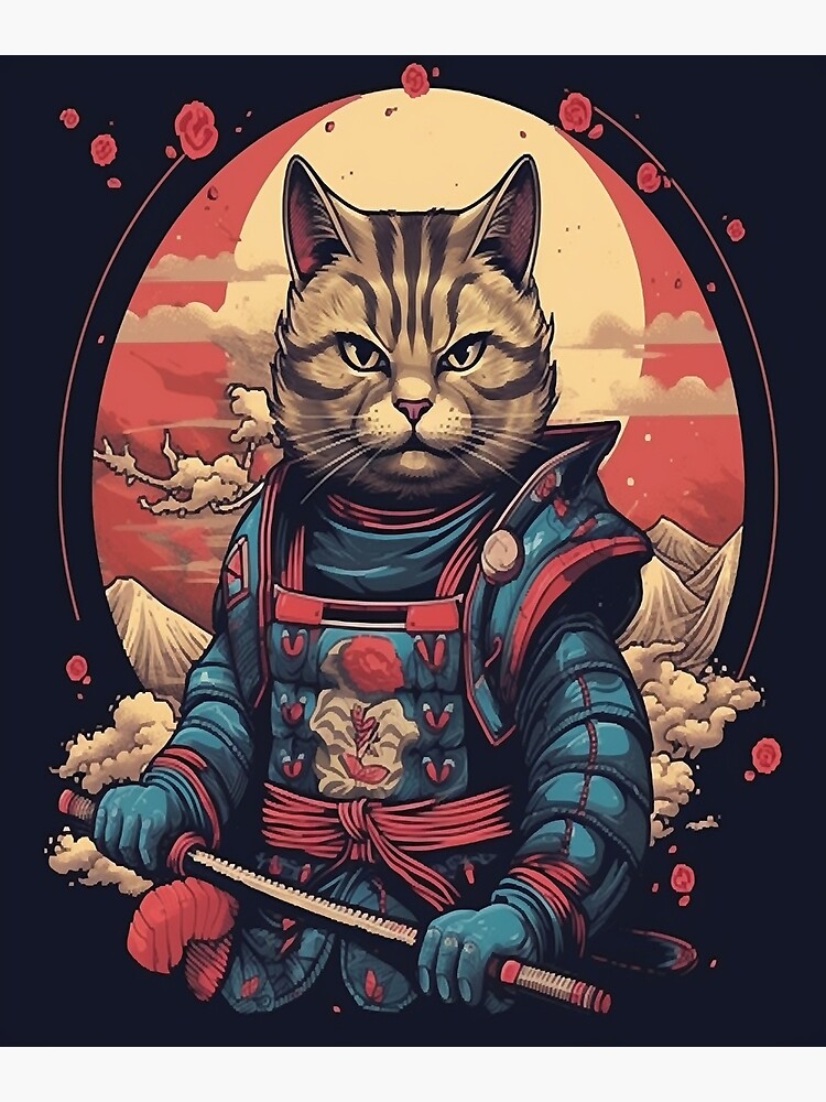 Poster Anime de Gato Samurai do Estilo Japonês Kawaii