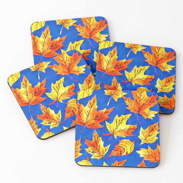 Item preview, Autumn Leaves Pattern on Royal Blue Background Autumnal Season Brilliance in Orange and Yellow designed and sold by MimsTees.