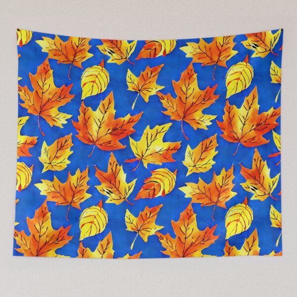 Item preview, Autumn Leaves Pattern on Royal Blue Background Autumnal Season Brilliance in Orange and Yellow designed and sold by MimsTees.