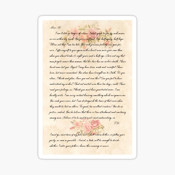 Vista previa del artículo con la obra «Jane Austen, persuasión, carta del capitán Wentworth a Anne Elliot, rosas de papel antiguas», diseñado y vendido por Inktown.