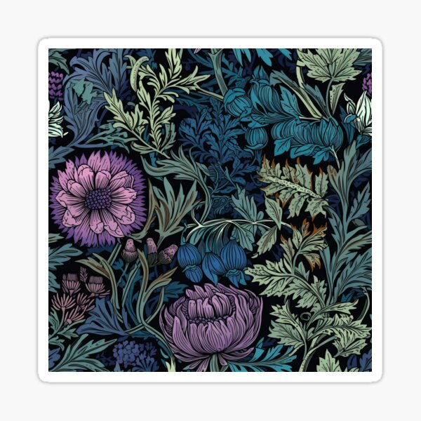 Secret Garden: Frilly Purple & Navy Blue Flowers with Soft Green Leaves Sticker