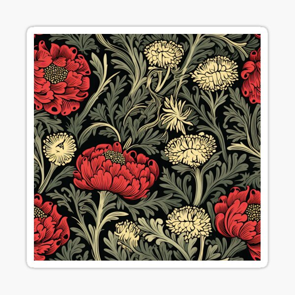 Fancy Red & White Flowers with Olive Green Leaves Sticker