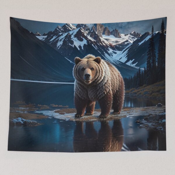 Item preview, Illustration of a Grizzly Bear foraging on the banks of a glacial lake high in the mountains designed and sold by Gilby-Designs.