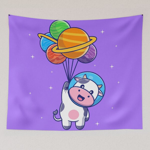 Item preview, Cosmic Cow: Cute Astronaut Cow Floating with Planet Balloon Cartoon Vector Icon Illustration designed and sold by hjian8219.