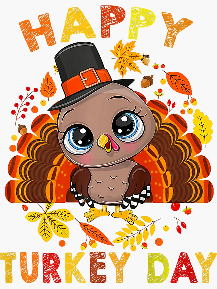 Feliz Día Del Pavo Día Acción De Gracias Pavo Lindo Niño Niña Pegatina