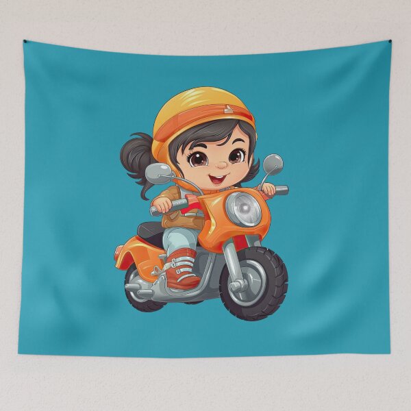 Item preview, Teenage Girl Riding an Orange Scooter (blue background) designed and sold by TheTrendsDesk.