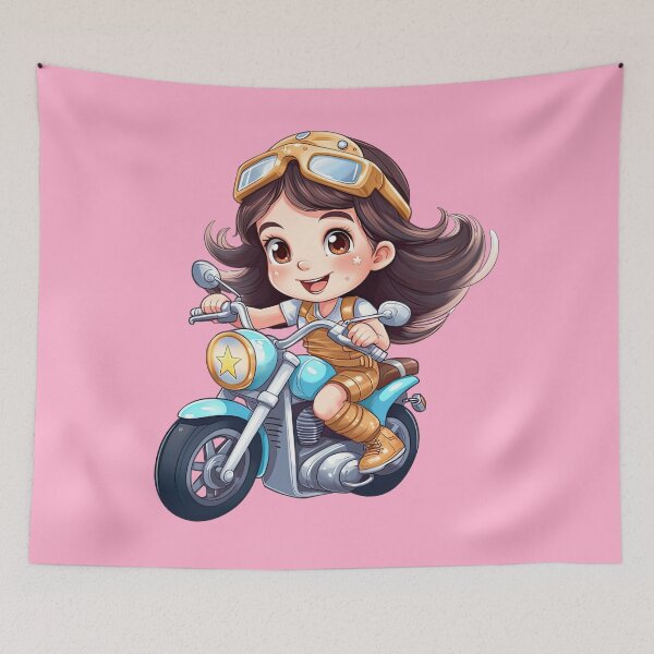 Item preview, Teenage Girl Riding a blue Motorcycle  (pink background) designed and sold by TheTrendsDesk.