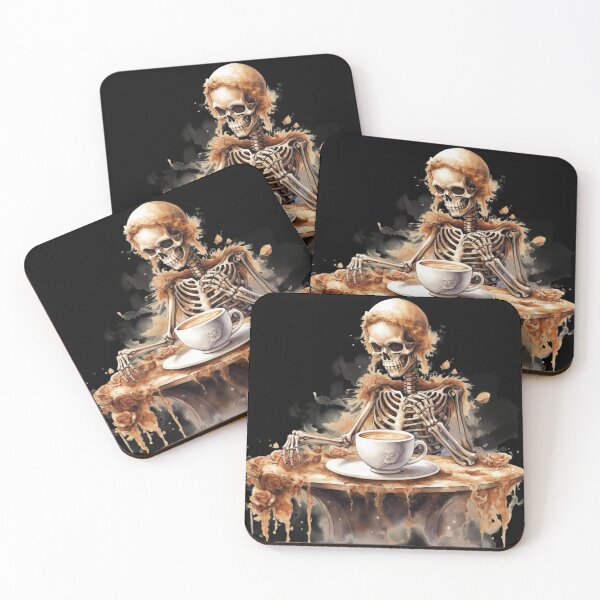 Item preview, Halloween Vintage Skeleton Drinking Coffee Watercolor Style designed and sold by AnnaMDesign.