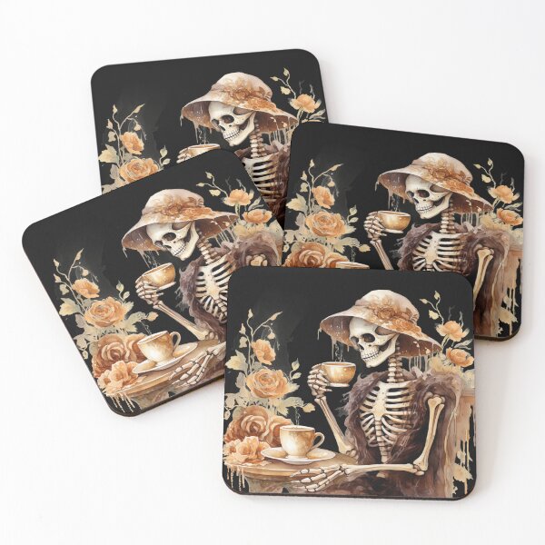 Item preview, Halloween Woman Vintage Skeleton Drinking Coffee Watercolor Style  designed and sold by AnnaMDesign.