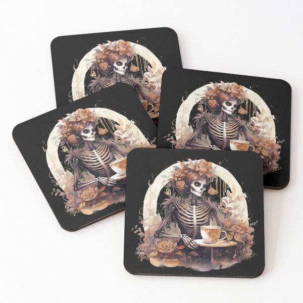 Item preview, Halloween Woman Vintage Skeleton Drinking Coffee Watercolor Style designed and sold by AnnaMDesign.
