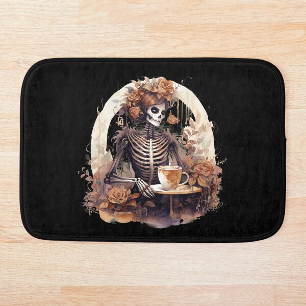 Aperçu de l'œuvre Halloween Femme Vintage Squelette Boire Café Style Aquarelle créée et vendue par AnnaMDesign.