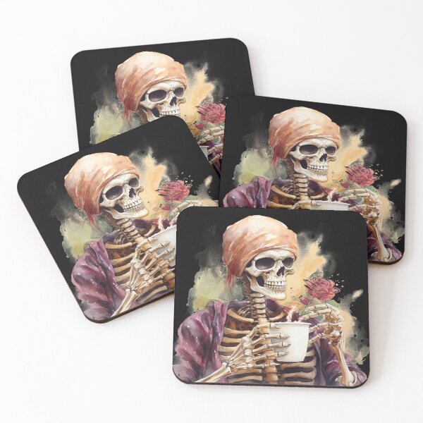 Item preview, Halloween Pirate Skeleton Drinking Coffee Watercolor Style designed and sold by AnnaMDesign.