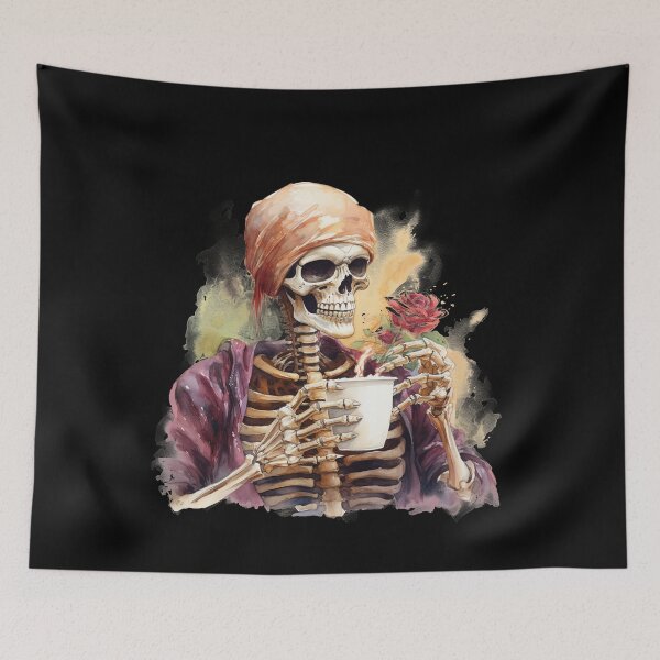 Item preview, Halloween Pirate Skeleton Drinking Coffee Watercolor Style designed and sold by AnnaMDesign.
