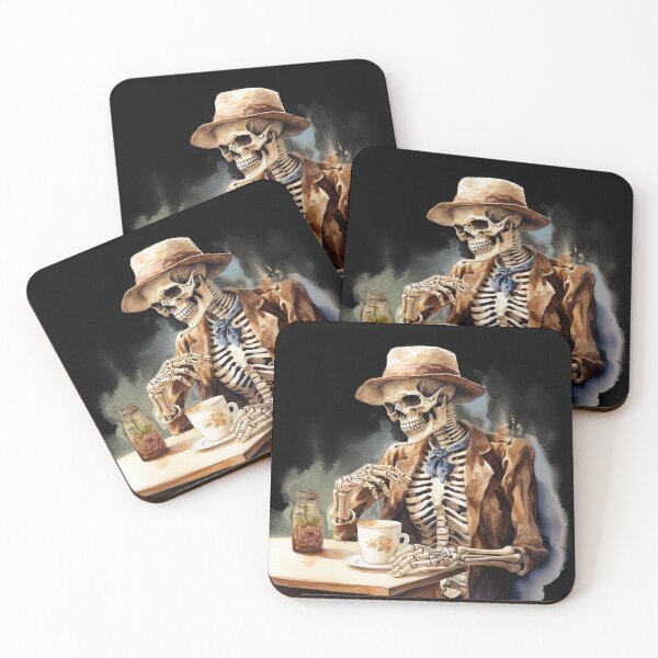 Item preview, Halloween Vintage Man Skeleton Drinking Coffee Watercolor Style designed and sold by AnnaMDesign.